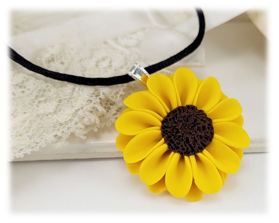 Large Sunflower Black Cord Choker Necklace Sunflower Jewelry