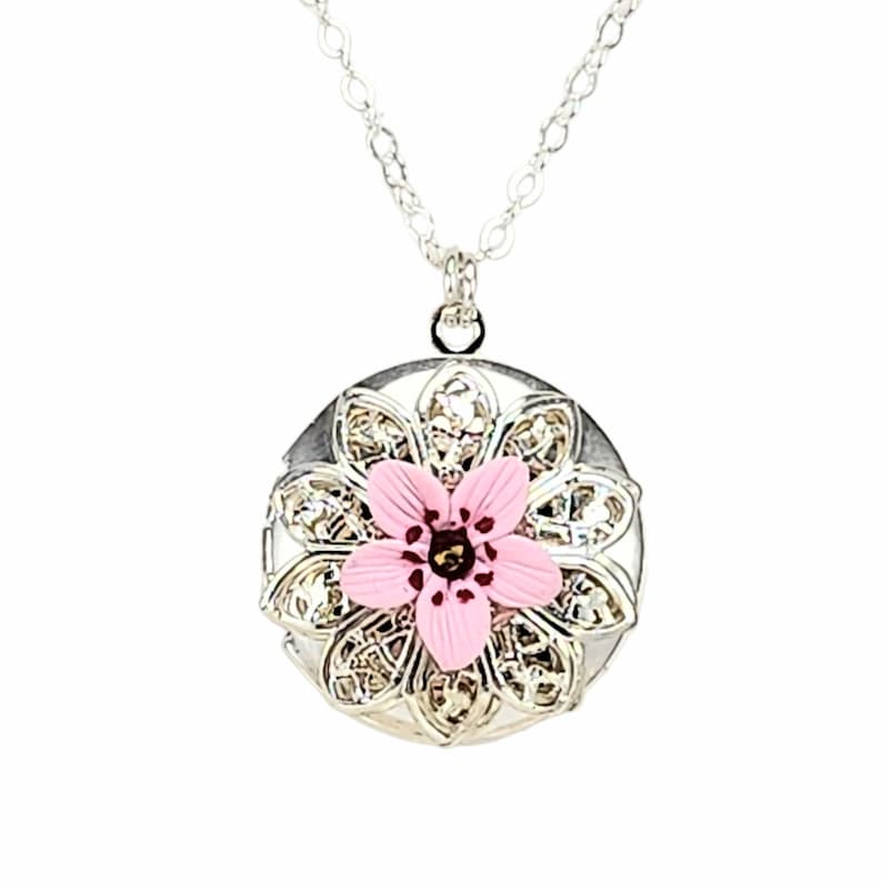 Cherry Blossom Locket Necklace Cherry Blossom Jewelry Pink Flower Locket image 1