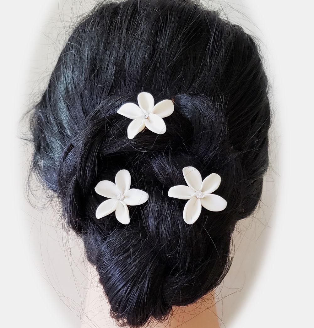 White Plumeria Hair Pin Clip: Crystal Rhinestone Bridal 