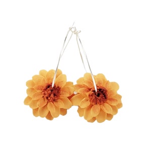 Vibrant Realistic Big Orange Dahlia Hoop Earrings: Sterling Silver or Gold Filled