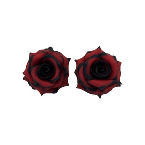 Black Tip Red Rose Earrings Stud or Clip On | Gothic Rose Earrings | Variegated Rose Jewelry | Hypoallergenic Flower Stud Earrings