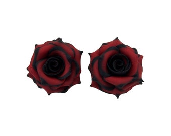 Black Tipped Red Rose Stud Earrings or Clip Ons: Hand Sculpted Clay Flower, Hypoallergenic Options