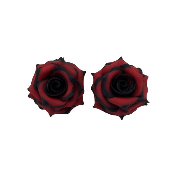 Black Red Rose Earrings Stud or Clip on Gothic Rose Earrings