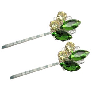 Peridot Rhinestone Hair Pins: Vintage Style Bobby Pins, Light Yellow Green (Set of 2)