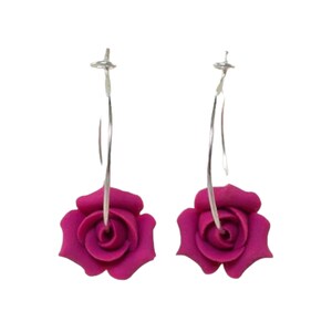 Rosebud Hoop Earrings: Sterling Silver or Gold Filled, Polymer Clay Flowers