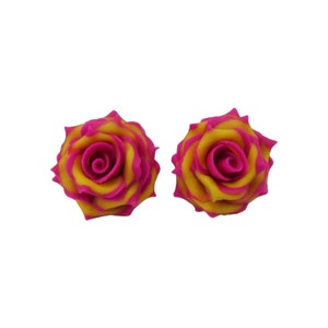 Pink Tip Yellow Rose Earrings Stud or Clip On Pink Yellow Flower Earrings Pink Yellow Rose Variegated Rose Jewelry Hypoallergenic image 1