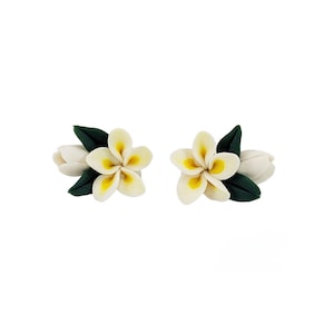 Plumeria Leaf Stud Earrings or Clip Ons: Hand Sculpted Clay Flower, Hypoallergenic Options