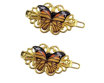 Monarch Butterfly Tiny Gold Barrette | Butterfly Hair Accessory | Mini Butterfly Hair Clips | Vintage Style Petite Butterfly Barrettes