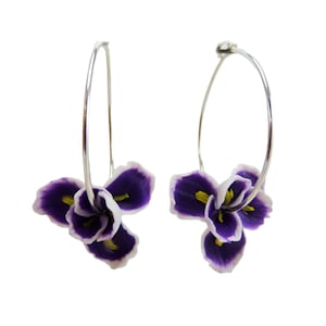 Purple Iris Hoop Earrings Sterling Silver or Gold Filled | Iris Flower Jewelry | February Birth Flower Gifts