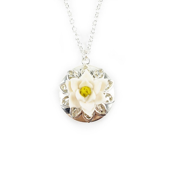 Magnolia Flower Locket: Handmade Floral Silver Tone Photo Necklace