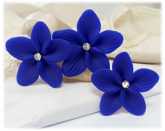 Blue Hair Flowers (3) | Blue Flower Hair Pins | Blue Floral Bridal Bridesmaid Hair Accessory | Blue Flower Hair Pins with Pearl or Crystal