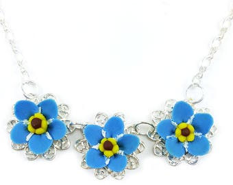 Three Forget Me Not Flower Necklace | Forget Me Not Jewelry | Blue Flowers Necklace | 3 Small Forget Me Nots Bib Style Necklace