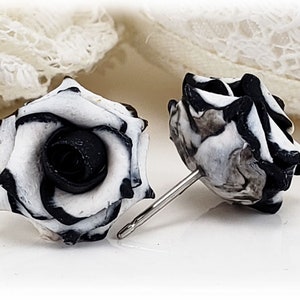 Black Tip White Rose Earrings Stud or Clip On Black White Flower Earrings Black White Jewelry Variegated Rose Jewelry Hypoallergenic image 2