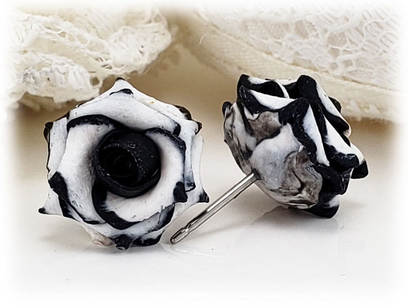 Black Tip White Rose Earrings Stud or Clip On Black White Flower Earrings Black White Jewelry Variegated Rose Jewelry Hypoallergenic image 2