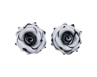 Black Tip White Rose Earrings Stud or Clip On | Black White Flower Earrings | Black White Jewelry | Variegated Rose Jewelry | Hypoallergenic