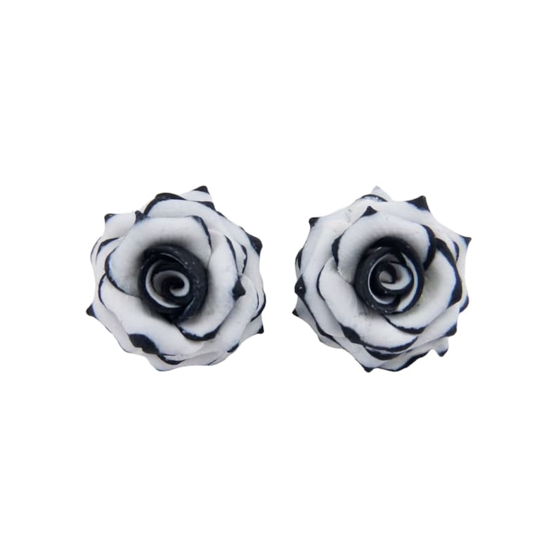 Black Tip White Rose Earrings Stud or Clip On Black White Flower Earrings Black White Jewelry Variegated Rose Jewelry Hypoallergenic image 1
