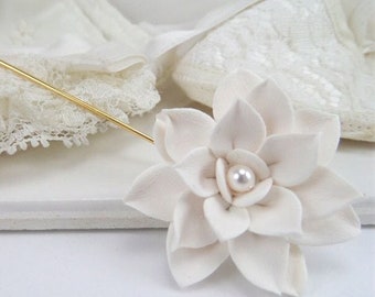 Lotus Brooch or Stick Pin | Lotus Accessory | Lotus Pearl Lapel | White Flower Wedding Pin Accessory