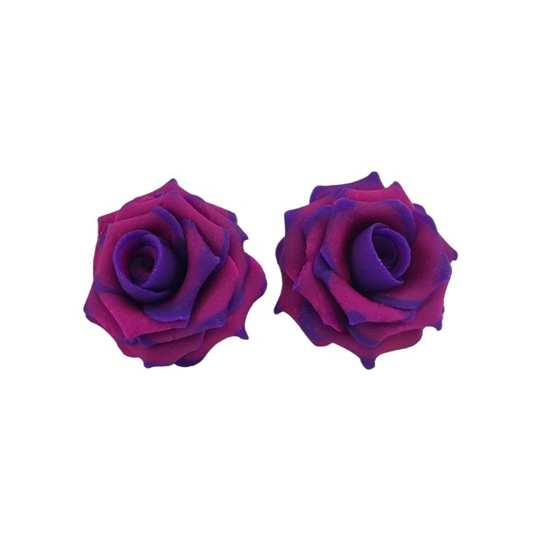 Purple Tip Pink Rose Earrings Stud or Clip On | Purple Pink Flower Earrings Jewelry | Variegated Rose Jewelry | Hypoallergenic Flower Studs