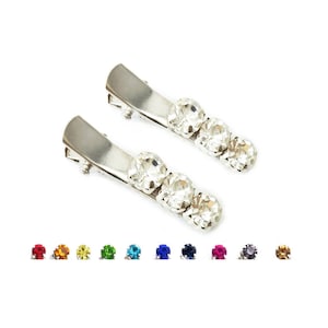 May include: Two silver hair clips with clear rhinestone accents. The clips are lined with three rhinestones each.