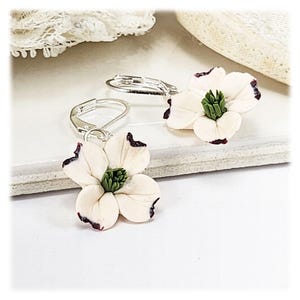 Hand Sculpted Dogwood Flower Dangle Earrings: Polymer Clay Jewelry