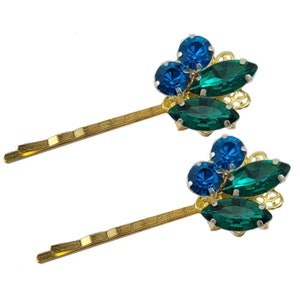 Emerald & Blue Rhinestone Hair Pins: Vintage Style Bobby Pins (Set of 2)