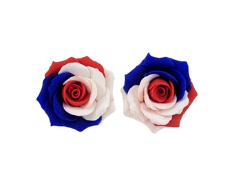 Red White Blue Rose Stud Earrings or Clip Ons: Hand Sculpted, USA Colors, Hypoallergenic Options