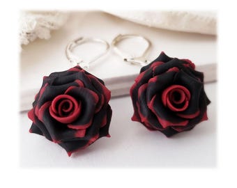 Red Tipped Black Rose Earrings: Gothic Polymer Clay Floral Jewelry