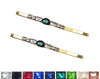 Emerald Rhinestone Hair Pins Custom Options | Slim Decorative Jeweled Bobby Pins | Stylish Emerald Gold Hair Accessories