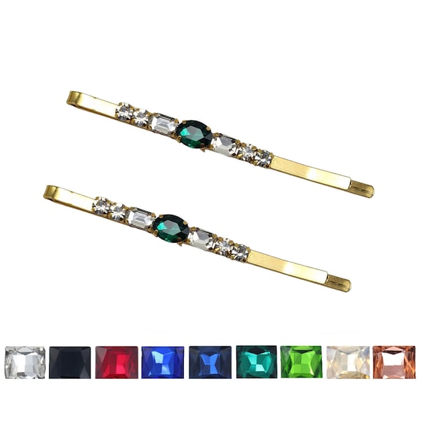 Emerald Rhinestone Hair Pins Custom Options | Slim Decorative Jeweled Bobby Pins | Stylish Emerald Gold Hair Accessories