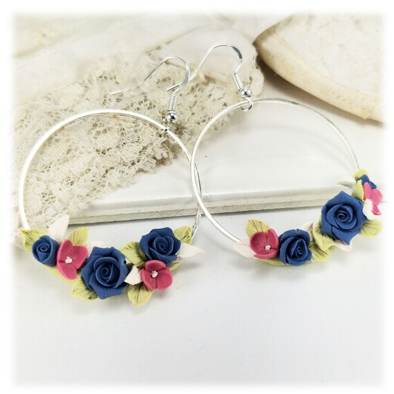 Large Blue Rose Flower Bouquet Dangle Hoop Wreath Earrings Something Blue Bouquet Blue Pink Floral Hoop Earrings Cottagecore Earrings Etsy