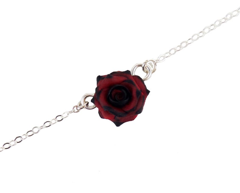 Gothic Rose Tipped Rose Sterling Silver Anklet or Bracelet Tipped Rose Jewelry Tiny Rose Anklet