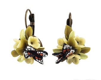 Vintage Style Butterfly Garden Earrings | Butterfly Yellow Flower Bouquet Earrings | Nature Butterfly Lovers Earrings Gift for Her