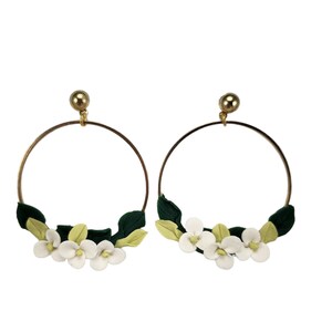 White Trillium Flower Dangle Hoop Earrings: Gold Tone Large Hoops