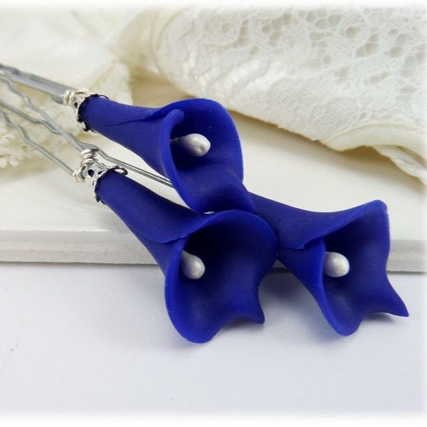 Blue Calla Lily Hair Pins (3) | Blue Calla Lilies | Blue Flower Hair Pins Wedding | Blue Bridal Hair Flowers