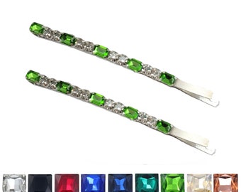 Long Slim Emerald Baguette Rhinestone Hair Pins Custom Colors | Long Vintage Style Baguette Bobby Pins