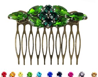 Emerald Rhinestone Hair Comb  2.5 INCH Custom Colors | Vintage Style Rhinestone Bronze Hair Comb