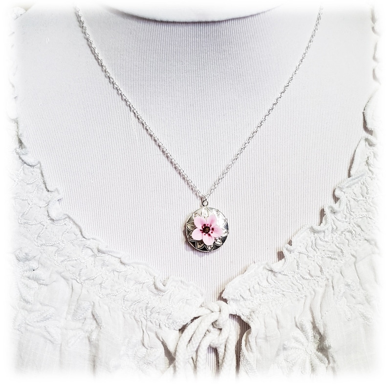 Cherry Blossom Locket Necklace Cherry Blossom Jewelry Pink Flower Locket image 3