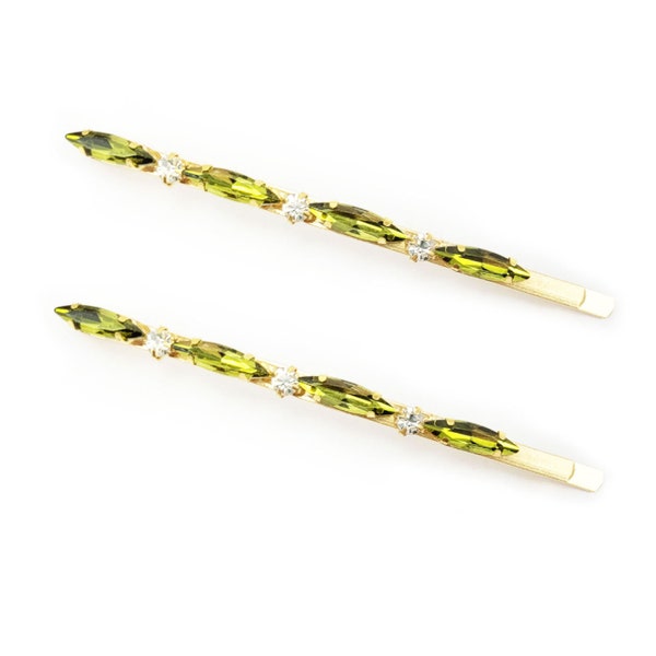 Long Slim Olive Green Gold Hair Pins | Slim Vintage Style Green Large Bobby Pins | Olivine Hair Accessories