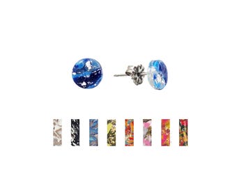 Flat Round Marbled Stud Earrings: 6mm, Polymer Clay, Titanium, Multicolor