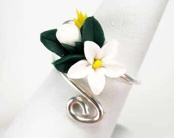 Tiny Realistic Jasmine Bouquet Sterling Silver Ring | Jasmine Jewelry | Tiny Jasmine Flower Accessory Gift for Her