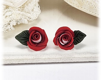 Red Rose Leaf Stud Earrings: Hand Sculpted Polymer Clay