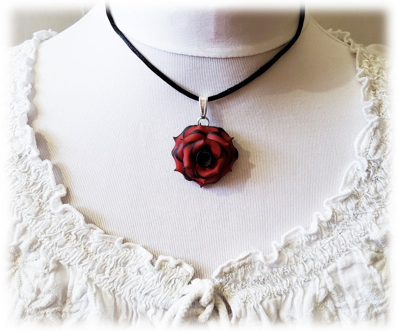 Large Tipped Rose Black Cord Choker Necklace Variegated Rose Jewelry Two Color Rose Choker Variegated Tipped Rose Jewelry image 3