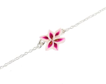 Pink Stargazer Lily Anklet: Flower Bracelet, Sterling Silver or Gold Filled