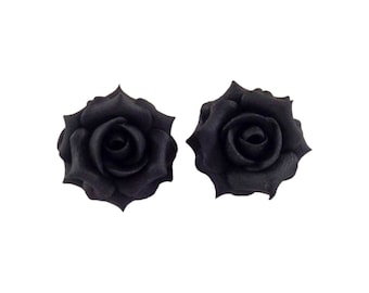 Black Rose Stud Earrings or Clip Ons: Hand Sculpted Clay Flower, Hypoallergenic Options