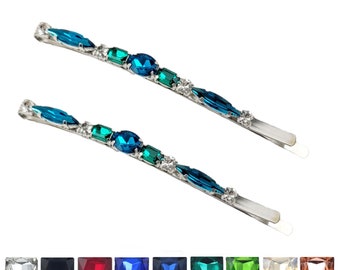 Long Blue Green Hair Pins Custom Colors | Slim Long Jeweled Bobby Pins | Decorative Custom Rhinestone Side Long Bobby Pins
