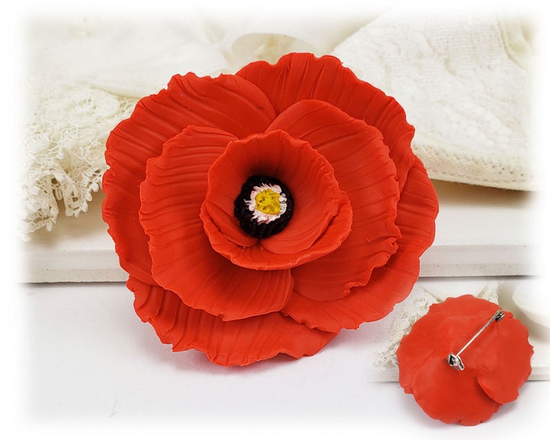 Red Poppy Brooch or Stick Pin Vibrant Red Flower Pin August Birth Flower Gifts image 2