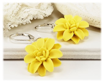 Yellow Dahlia Dangle Earrings | Dahlia Jewelry | Yellow Flower Earrings