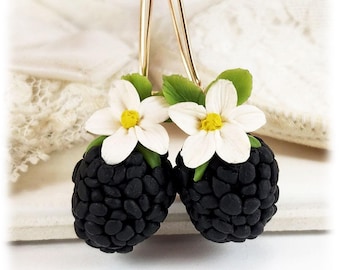 Blackberry Blossom Earrings: Hand Sculpted Clay Fruit Jewelry