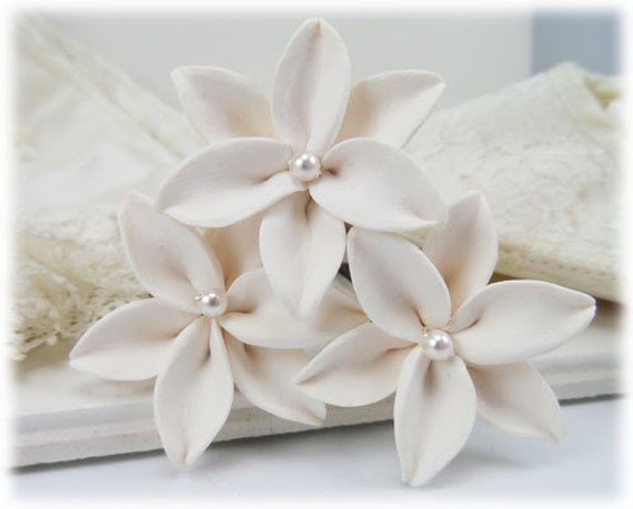 5 Wedding Prom  Shiny White Lily Flower Hair Pins Clips Grips Handmade 