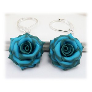 Teal Blue Rose Earrings: Hand Sculpted Polymer Clay Flower Dangles